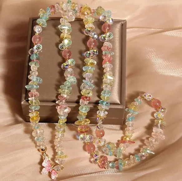 Natural quartz sand stone necklace with alloy pendant and crystal gravel beads in amethyst, citrine, or pink colour.