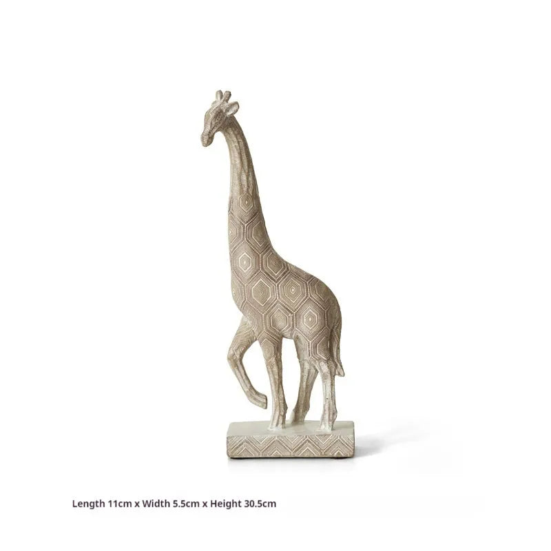 Wood colour synthetic resin giraffe decorative ornament on a shelf.
