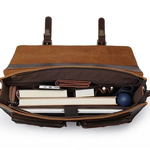 Genuine cowhide leather computer bag with crossbody strap in dark brown colour for business use