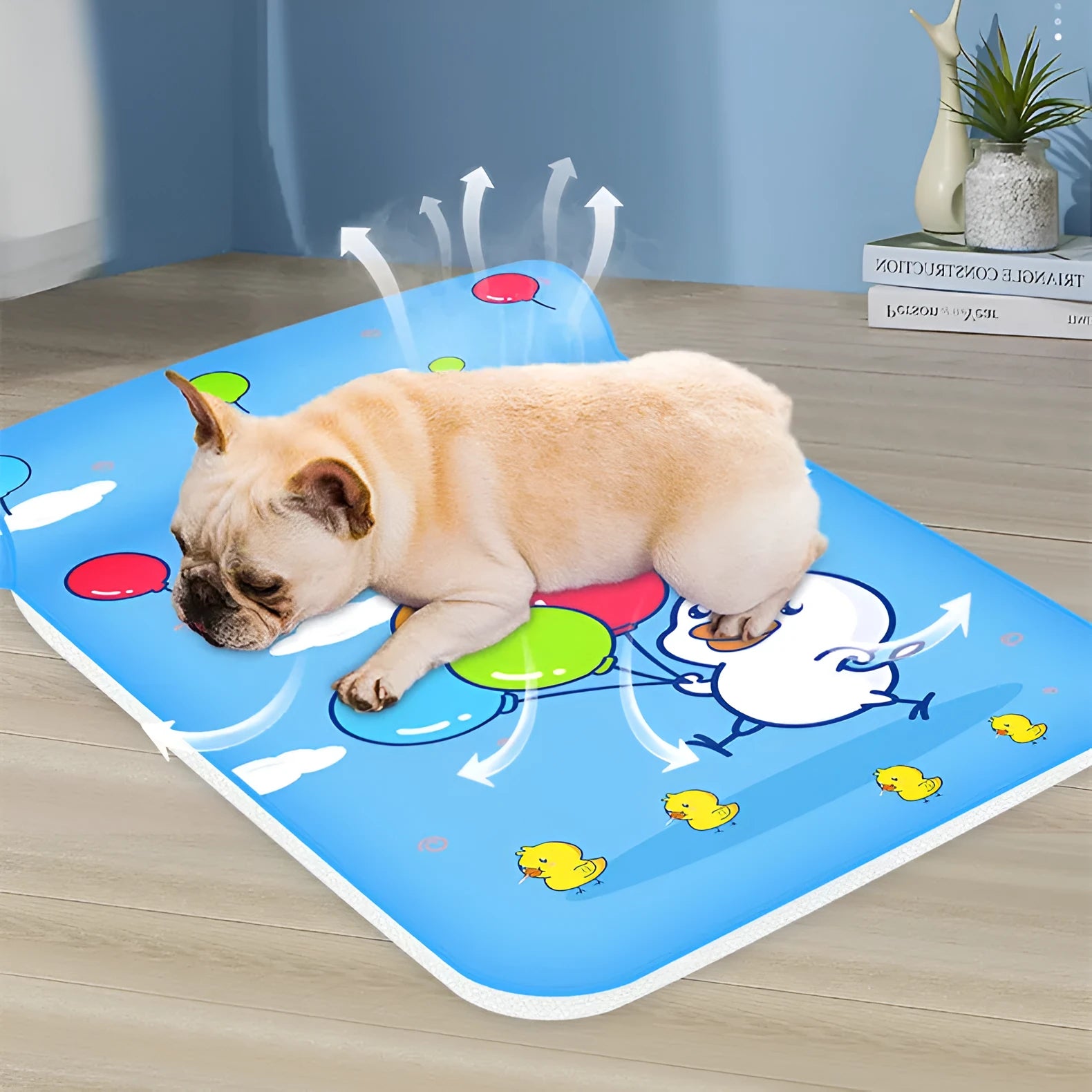 Summer cooling dog mat with raised pillow, breathable ice silk surface, non-slip waterproof backing, available in blue, grey, sky blue, and yellow, sizes 40x60cm and 60x80cm