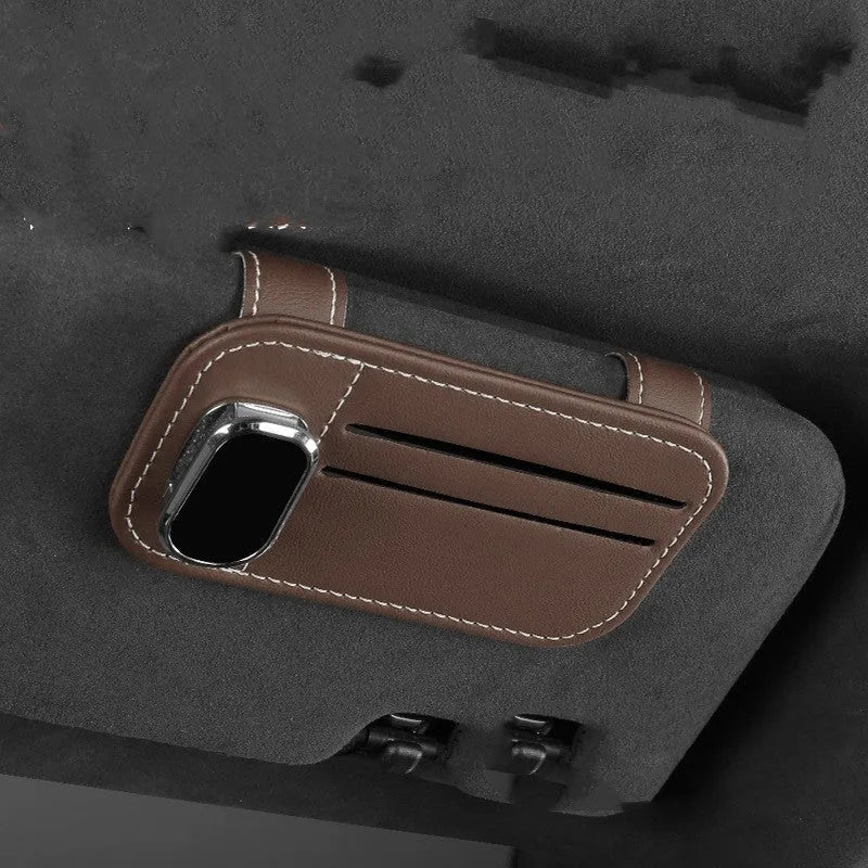 Genuine cowhide leather car sun visor organiser with card slots and integrated glasses clip