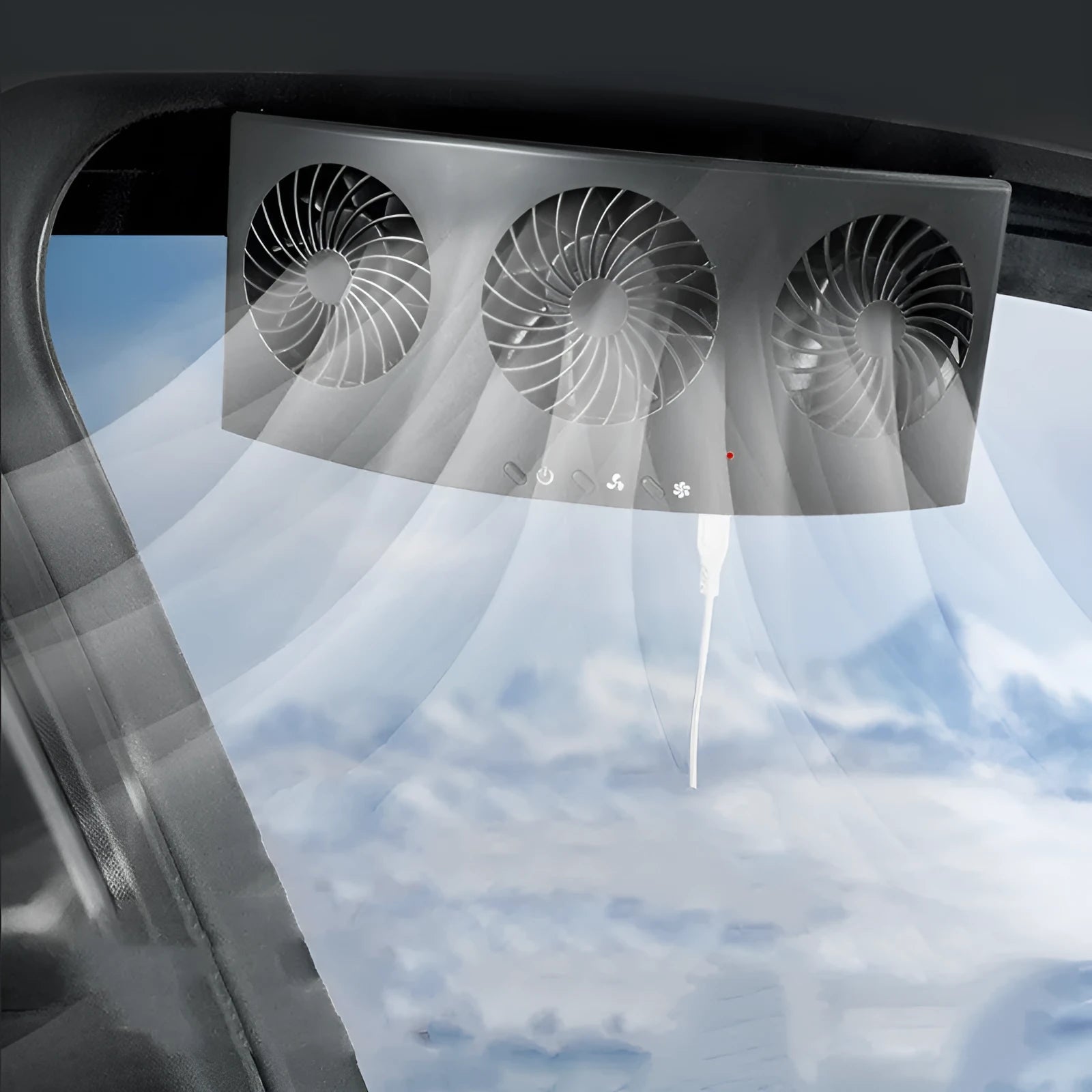 Black and white USB-powered car ventilation fan for vehicle interior air circulation