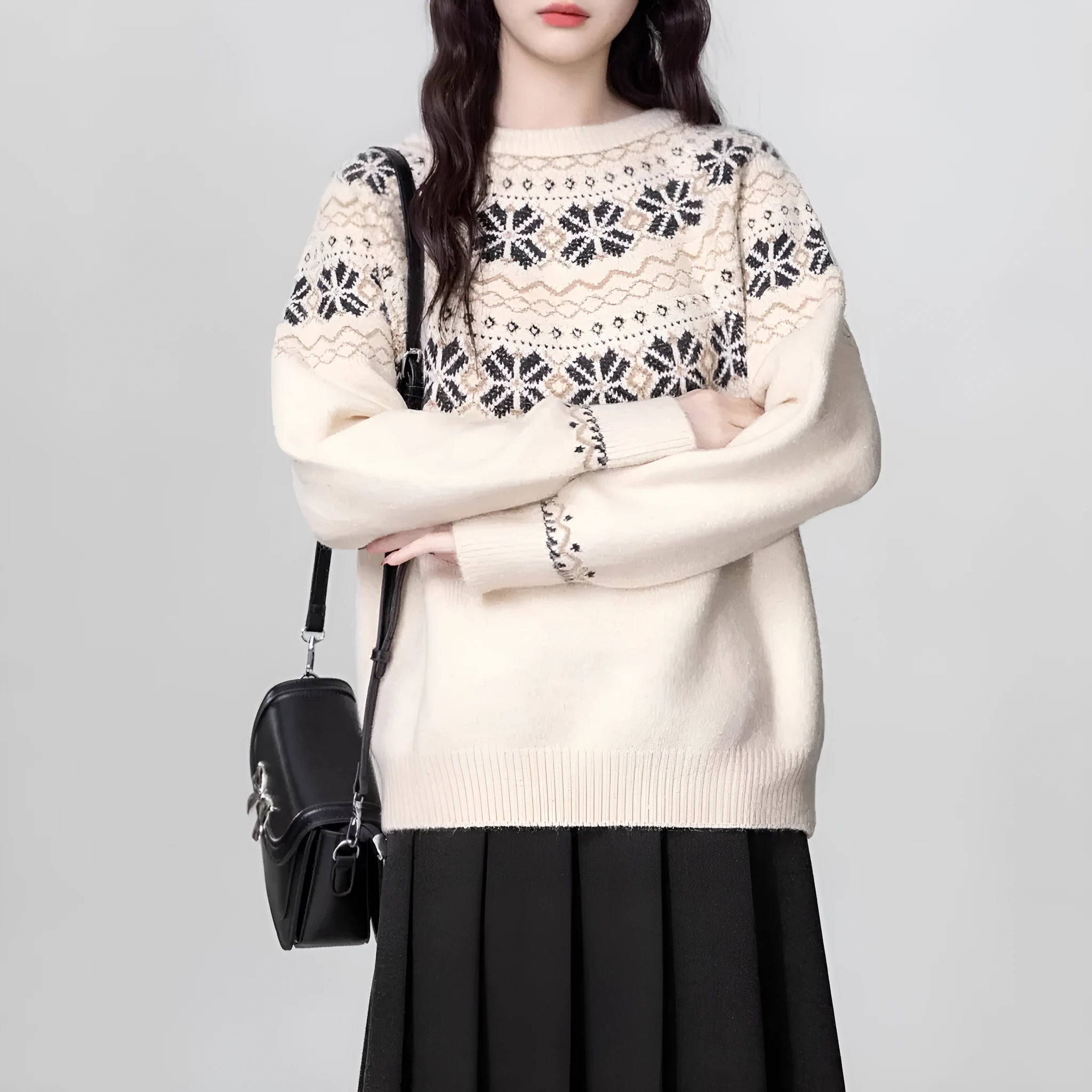 Milky White women's loose knit sweater with an all-over geometric Fair Isle pattern, crew neck, and long sleeves.