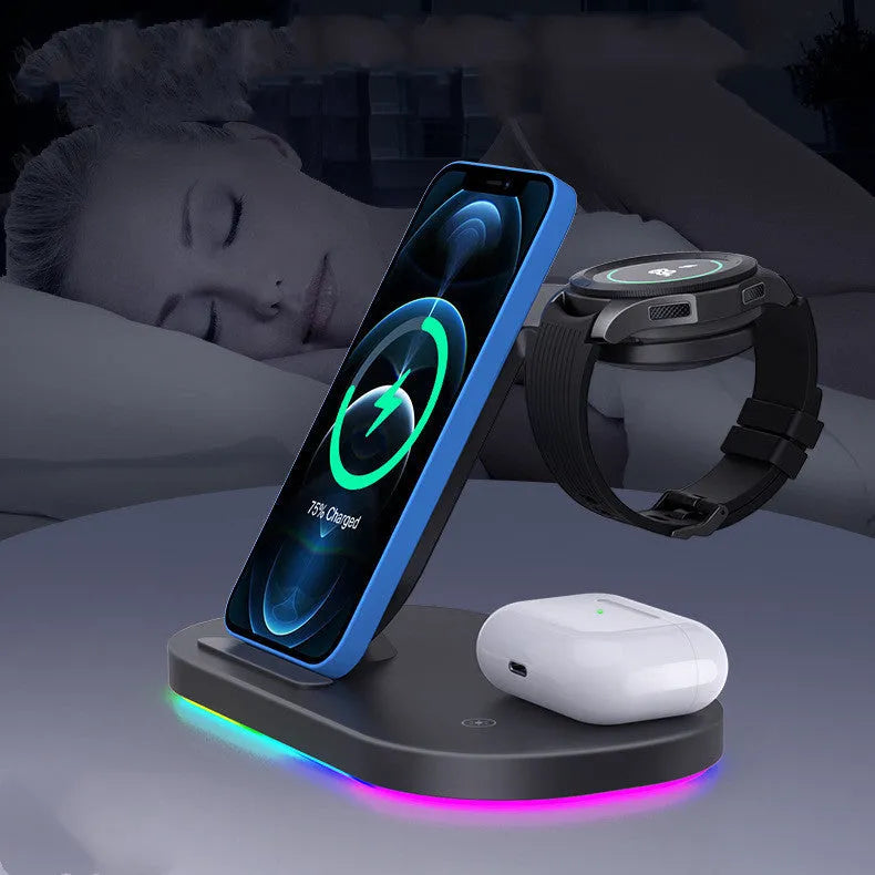 Three-in-one fast wireless charger in black or white for phone, watch, and headphones