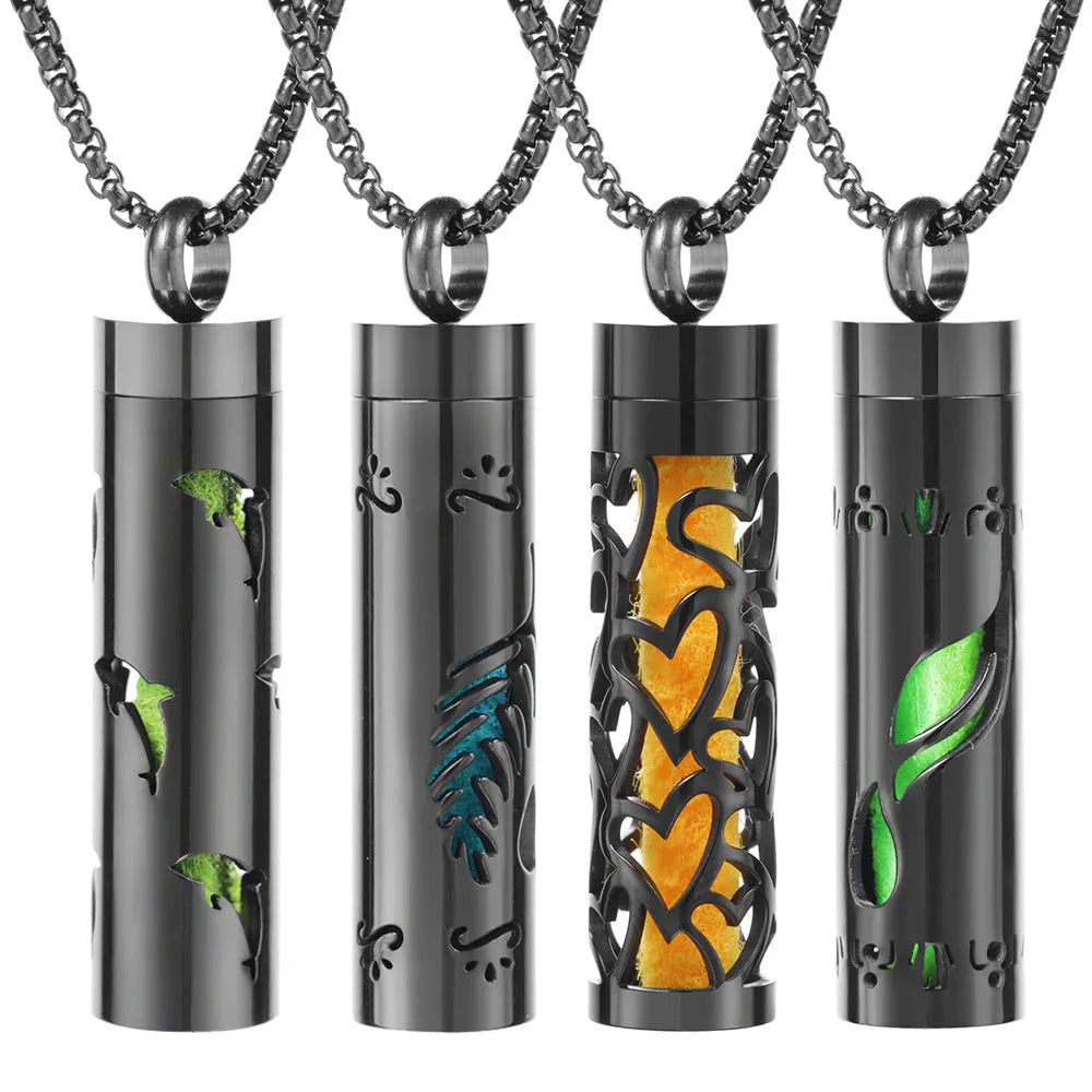 Stainless steel cylindrical heart-shaped hollow pendant necklace on a chain with geometric design