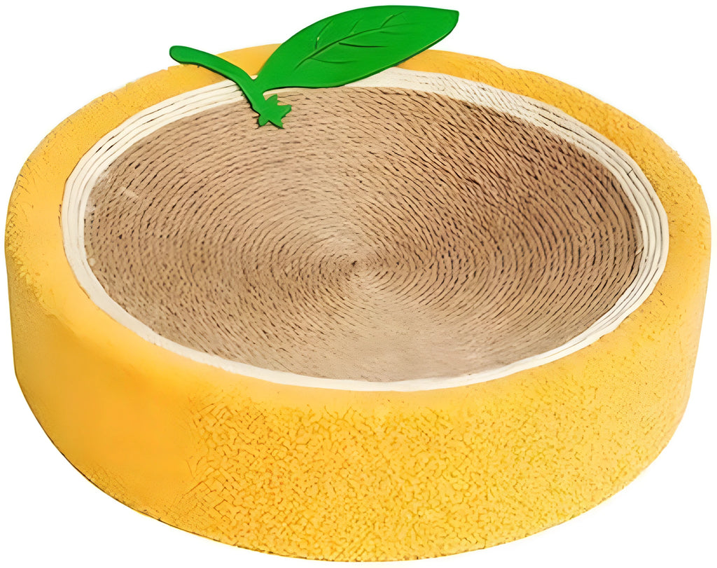 Yellow fruit-themed round sisal cat scratching board and bed for small breeds.