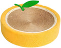 Yellow fruit-themed round sisal cat scratching board and bed for small breeds.