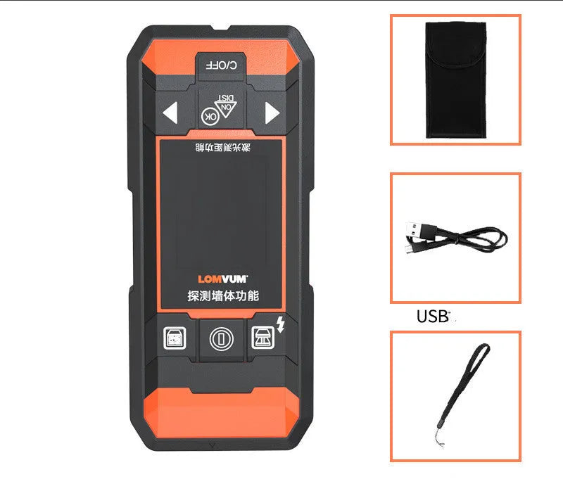 Handheld multifunctional wall detector for locating wires, metal pipes, and wooden studs behind walls.