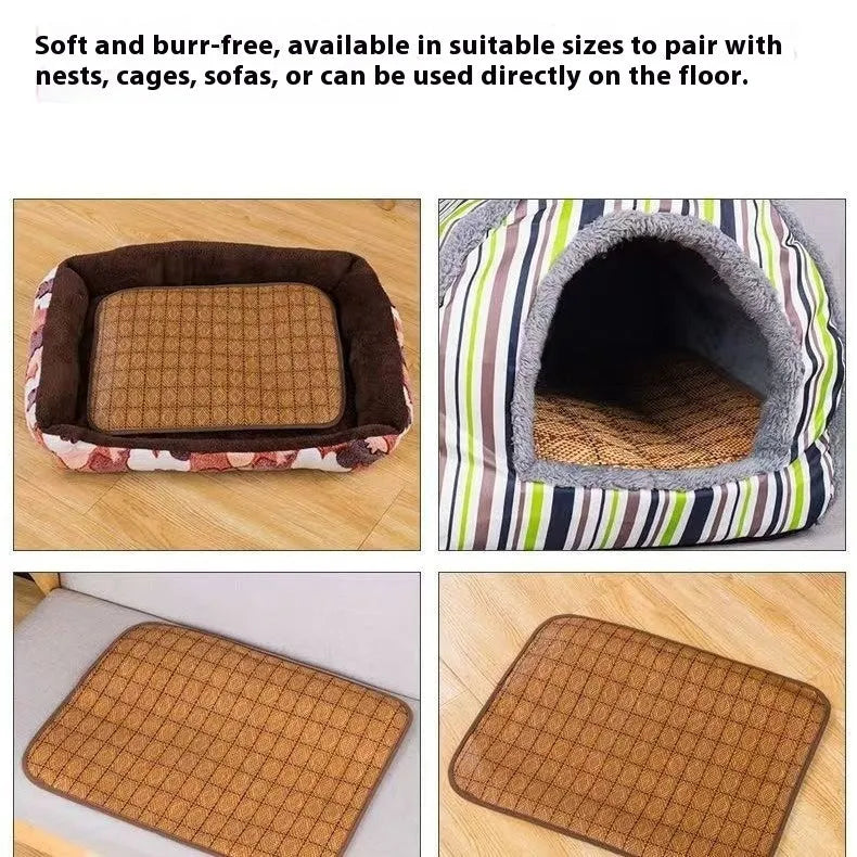 Brown rattan fibre dog cooling mat resting on a floor.