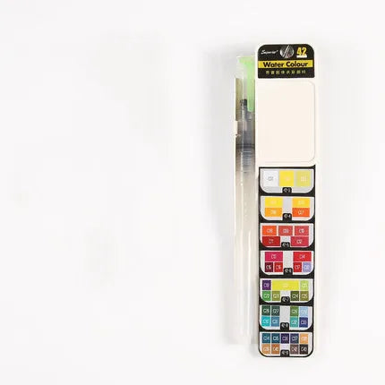 Fan-shaped foldable solid watercolour paint set with transparent plastic box, fountain pen, and sponge