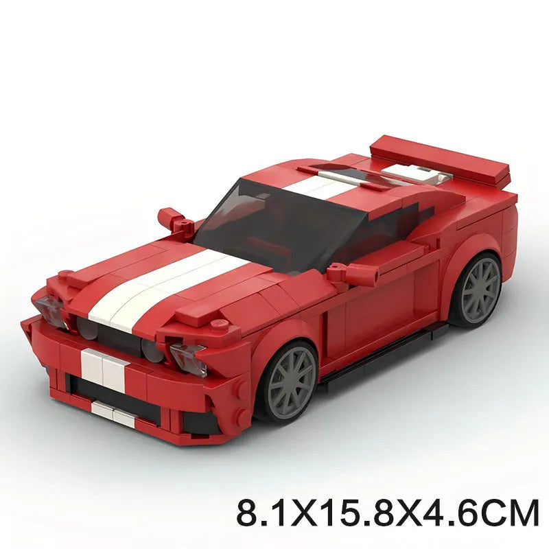Red plastic building block model of a Ford wild horse Shelby GT500 V2 sports car on a surface