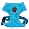 Breathable mesh polyester dog harness with adjustable chest strap in multiple colours, available sizes XS to XL.