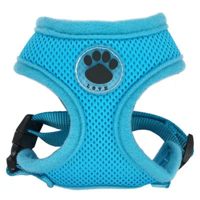Breathable mesh polyester dog harness with adjustable chest strap in multiple colours, available sizes XS to XL.