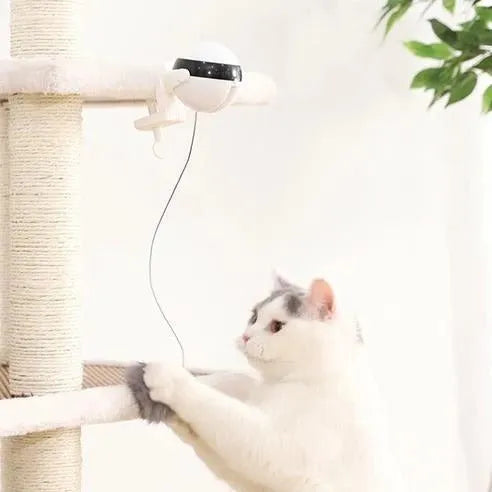 White electronic motion cat toy with ABS body, rope and fur ball accessory, 7cm ball diameter