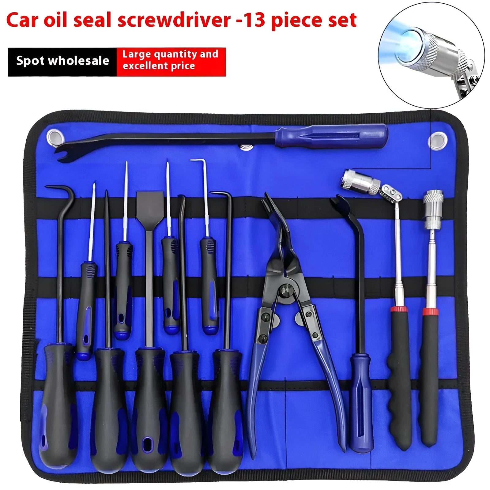 13-piece oil seal screwdriver hook set in blue colour with Oxford cloth bag