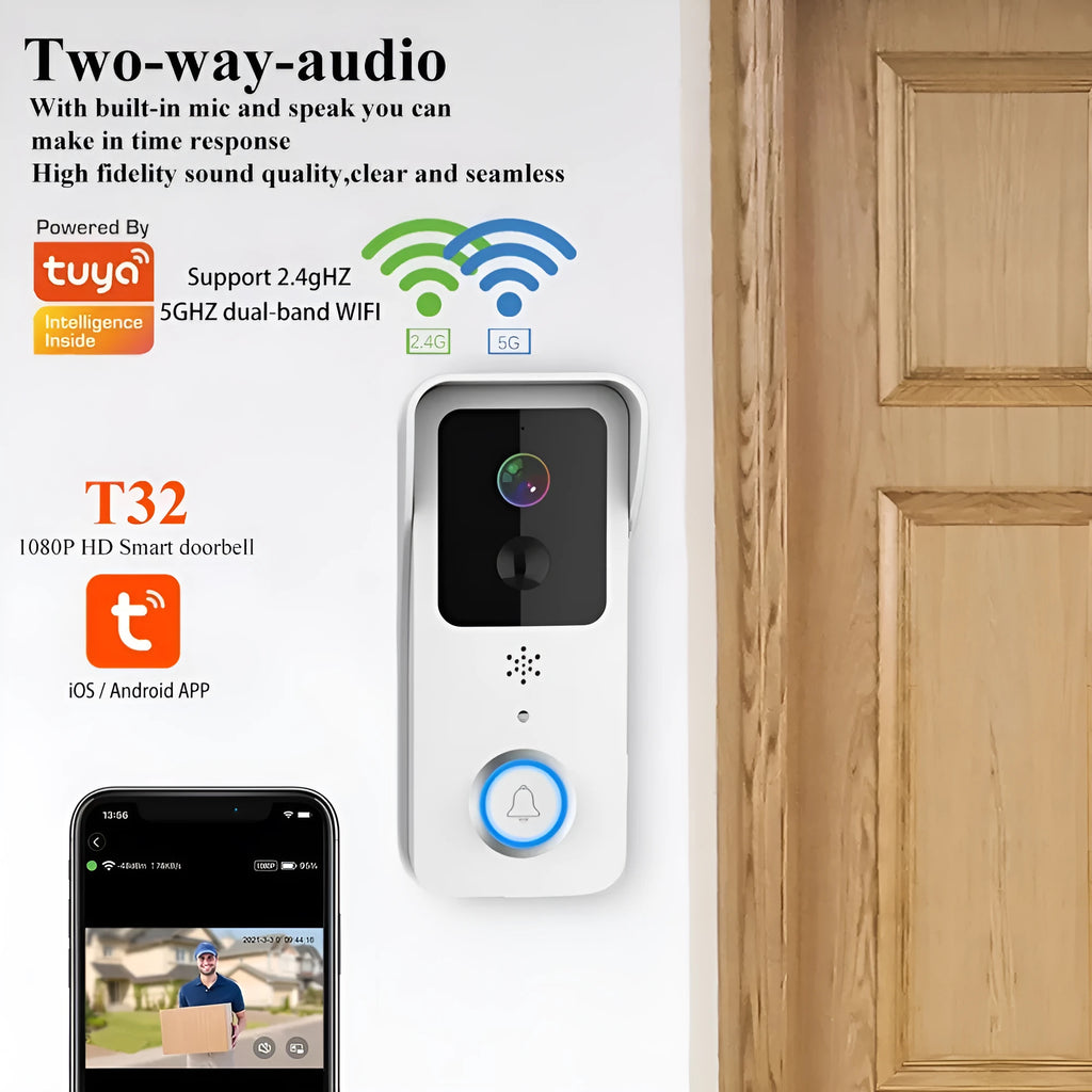 Black or white smart visual doorbell with waterproof intercom and HD camera.