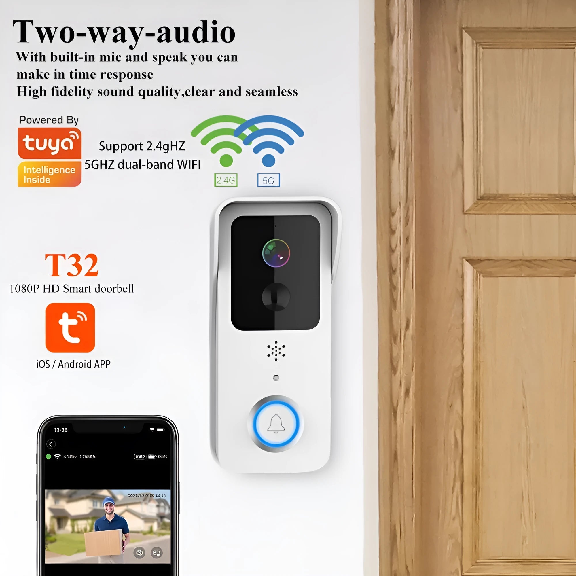 Black or white smart visual doorbell with waterproof intercom and HD camera.