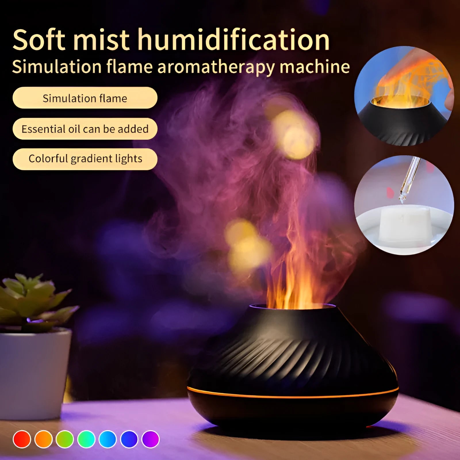 Volcanic flame aroma diffuser with LED lights and mist output