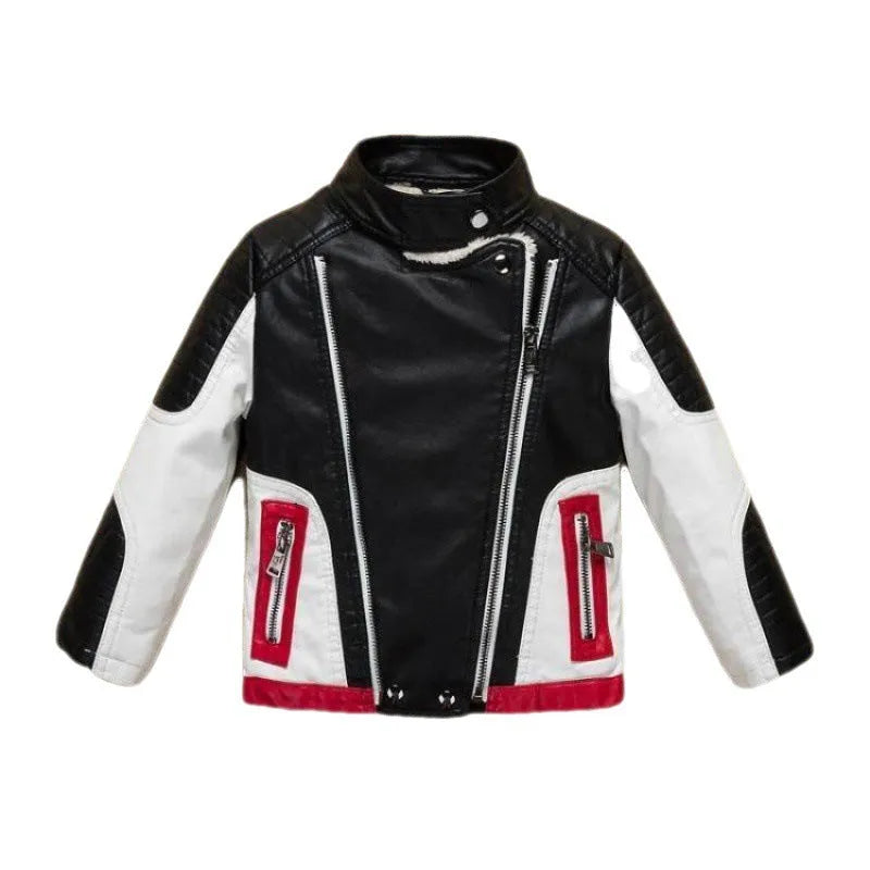 Boys thickened leather jacket in Korean style with stand collar, available in black, red, and white, for older children.