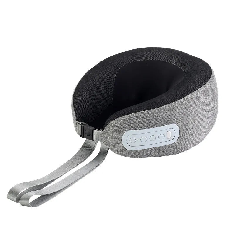 Light grey U-shaped memory foam massage pillow with USB cable on a neutral background
