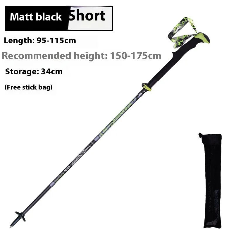 Carbon fibre folding climbing cane with tungsten steel tip shown in extended and collapsed positions