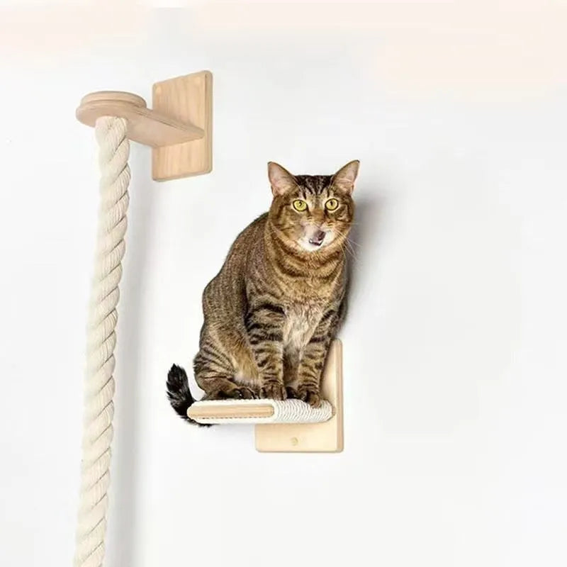 Wall-mounted cat climber jumping platform with natural sisal hanging rope for indoor cats