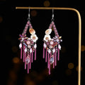 Bohemian style long earrings with hand-woven crystal details and alloy framework