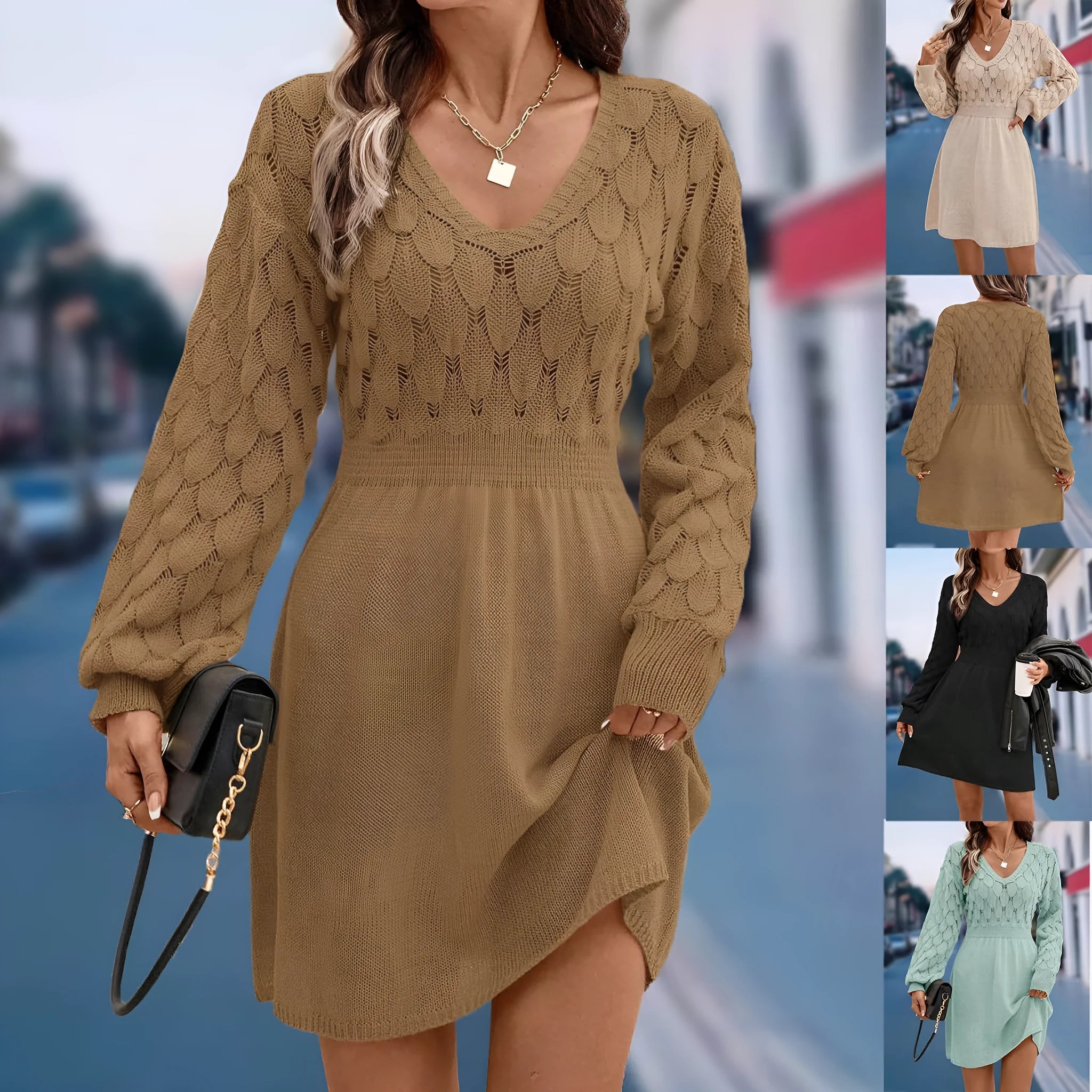 A high-waisted, long-sleeve v-neck dress with a 3D pattern in a light blue green colour.