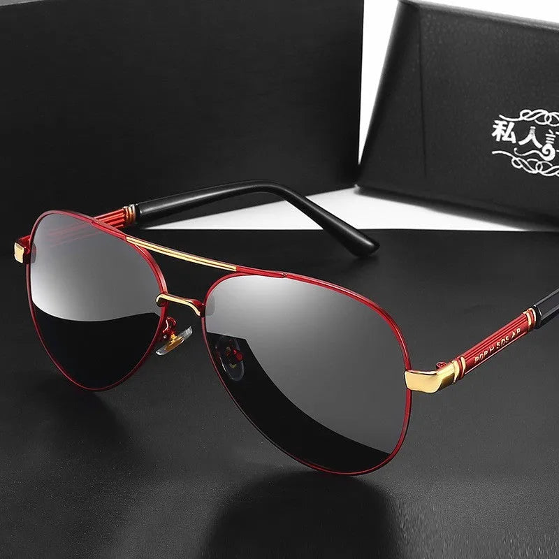 Men’s polarized metal sunglasses with grey lenses, black frame and dragon phoenix detail
