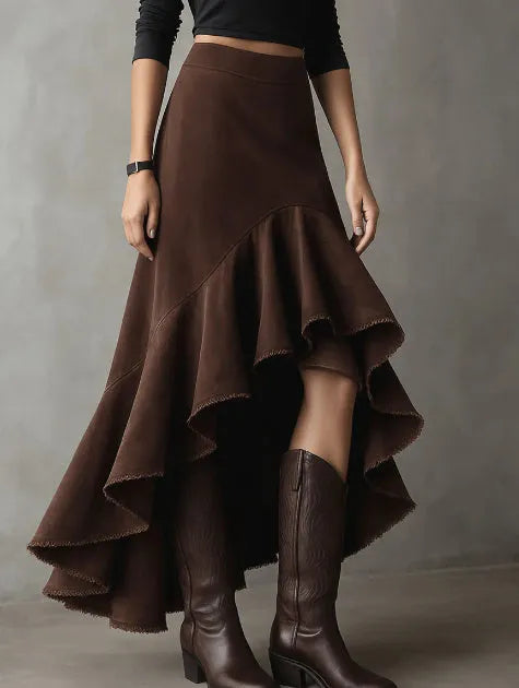 Brown high-low maxi skirt with asymmetric hem and ruffles in eco suede texture