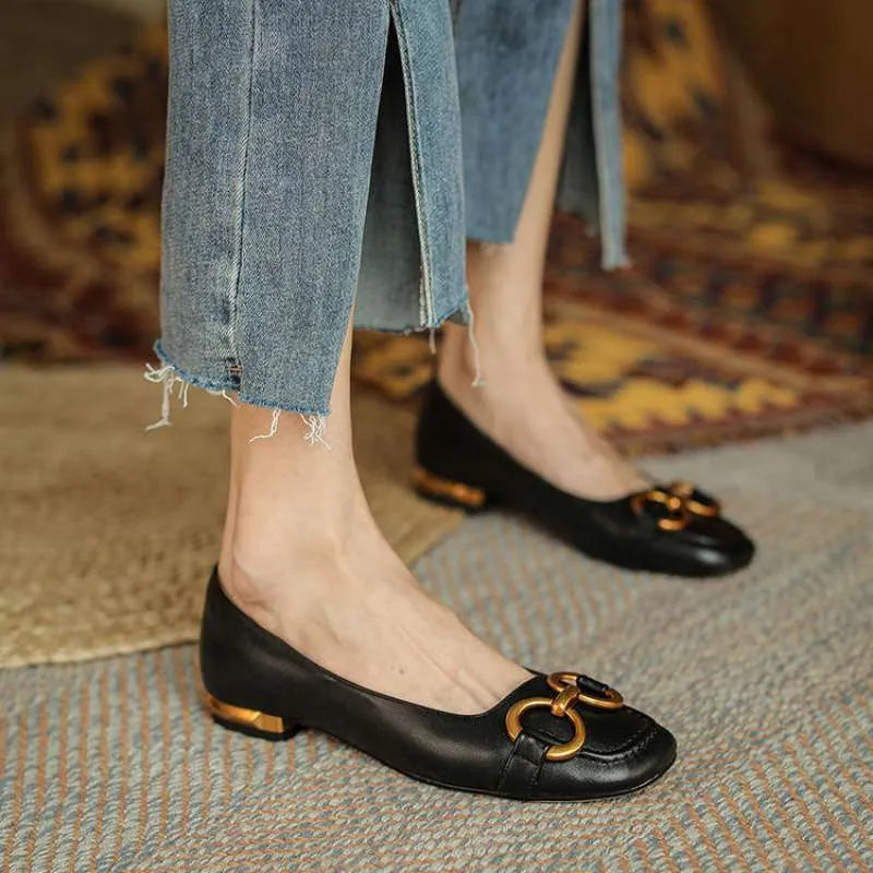 Women's Mary Jane style low heel pumps with metal buckle and square toe in apricot colour