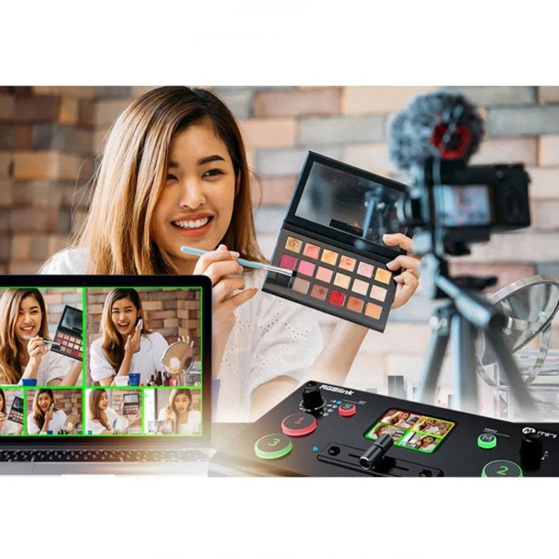 RGBLINK HDMI multi-format switcher unit with 4 inputs, TFT screen, and integrated controls on a desktop.