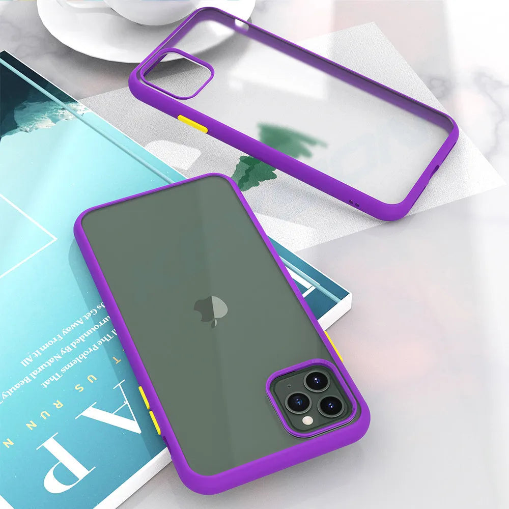 Frosted TPU and hard PC protective phone case for iPhone 11 models in black, green, purple, or red