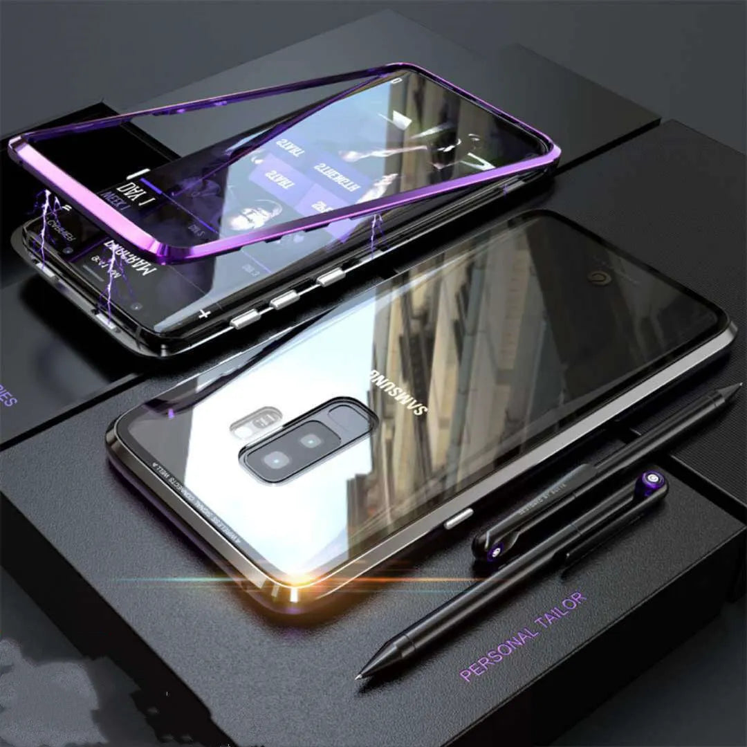 Black clamshell magnetic anti-peeping phone case for Samsung Galaxy phones, shown open and closed.