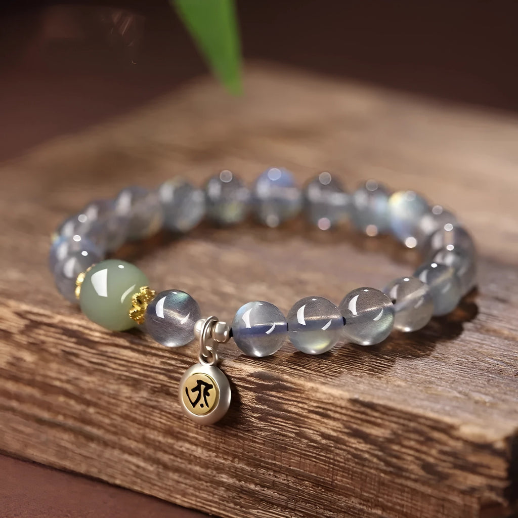 8mm moonstone women's bracelet with Thousand-Hand Kwan-yin mouse zodiac design and electroplated finish