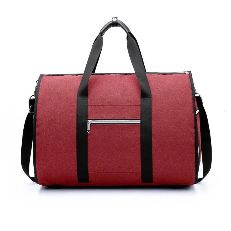 Cylinder-shaped travel duffle bag in Oxford cloth, shown in a choice of colours including black, blue, red, and light grey.