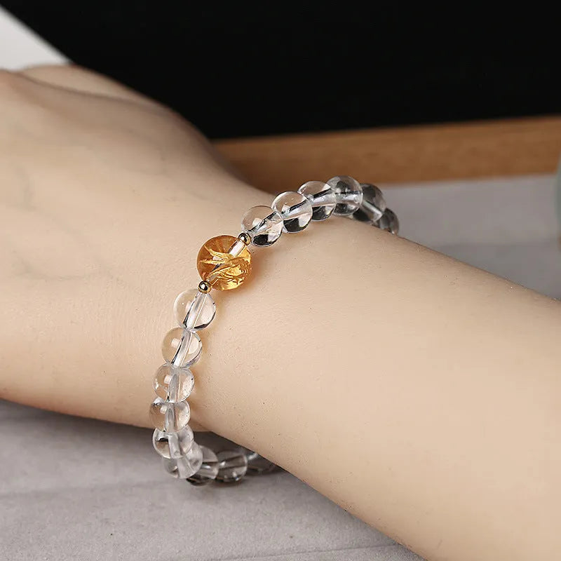 Geometry bracelet with obsidian and white crystal beads, dragon charm, adjustable 14-16cm wrist