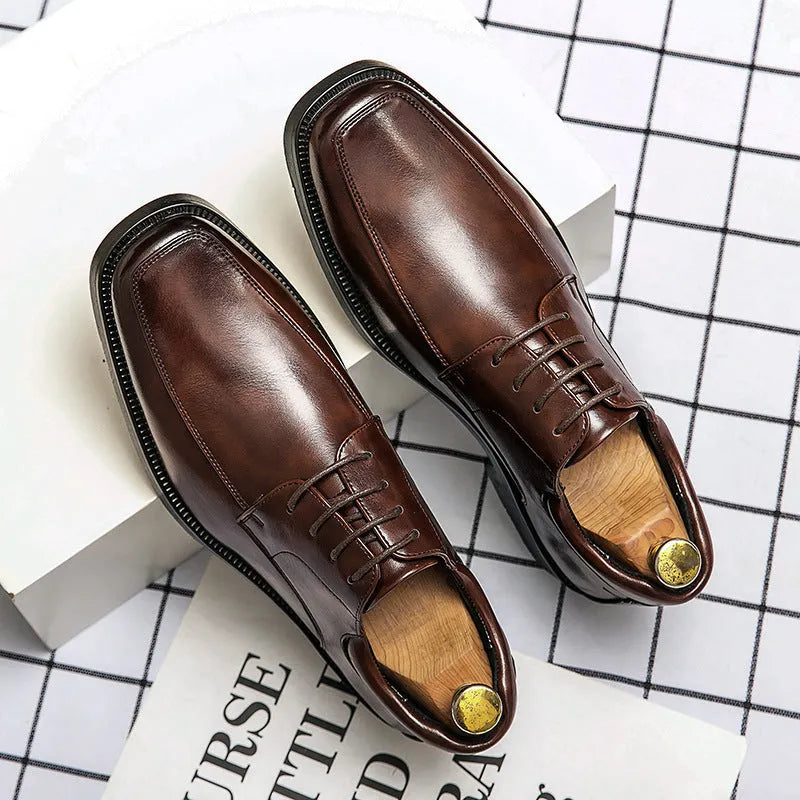 Low-top men's square toe business casual leather shoes in black and brown with rubber sole