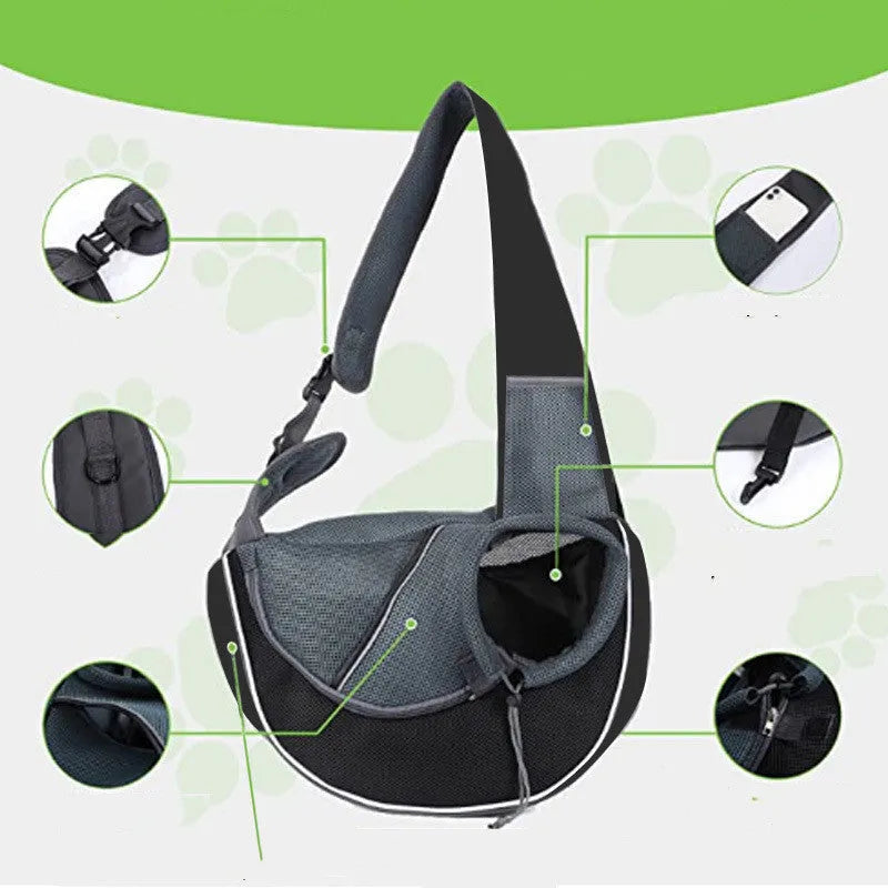 Portable crossbody pet carrier bag for dogs and cats, black, S size, Oxford material, with drawstring closure and zippered bottom