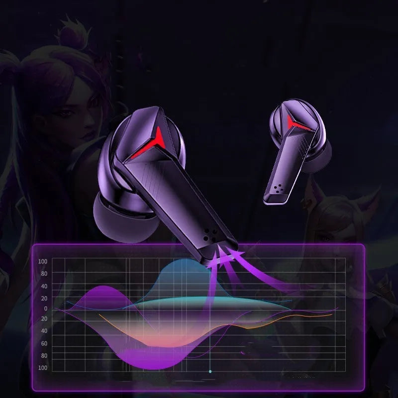 Black wireless Bluetooth gaming headset with earplug-style design showing binaural stereo sound and charging cable
