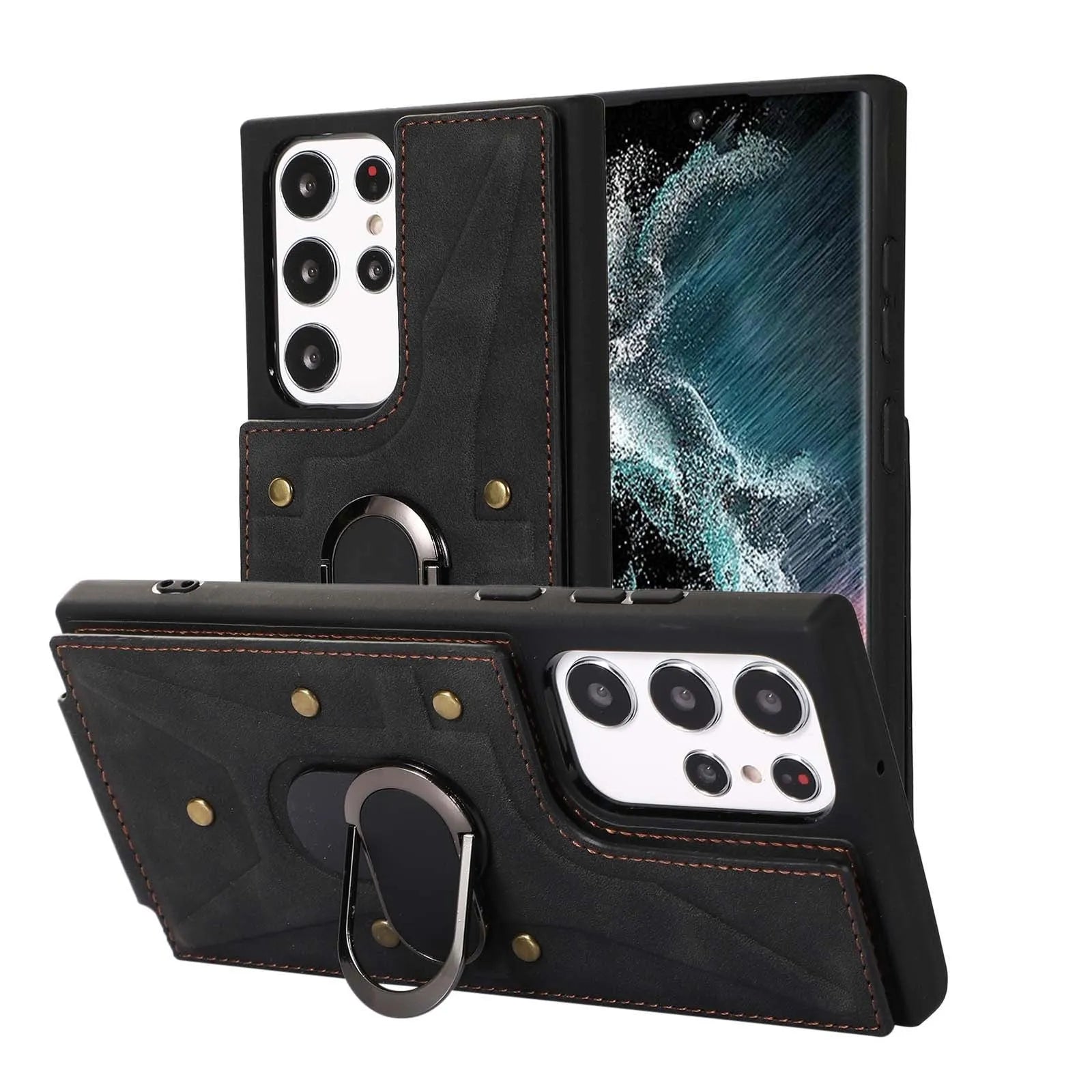 Samsung phone case with finger ring, bracket, and multi-card slot in PU and TPU finish, black colour