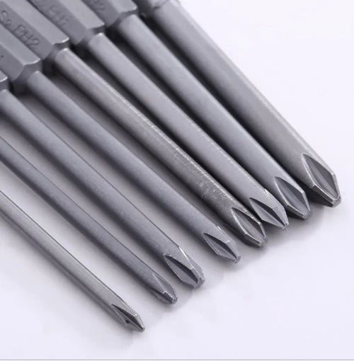 Set of eight long 75mm magnetic Phillips screwdriver bits with a 1/4-inch hex shank on a white background.