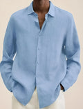 Men's blue solid colour long sleeve stand collar casual shirt front view