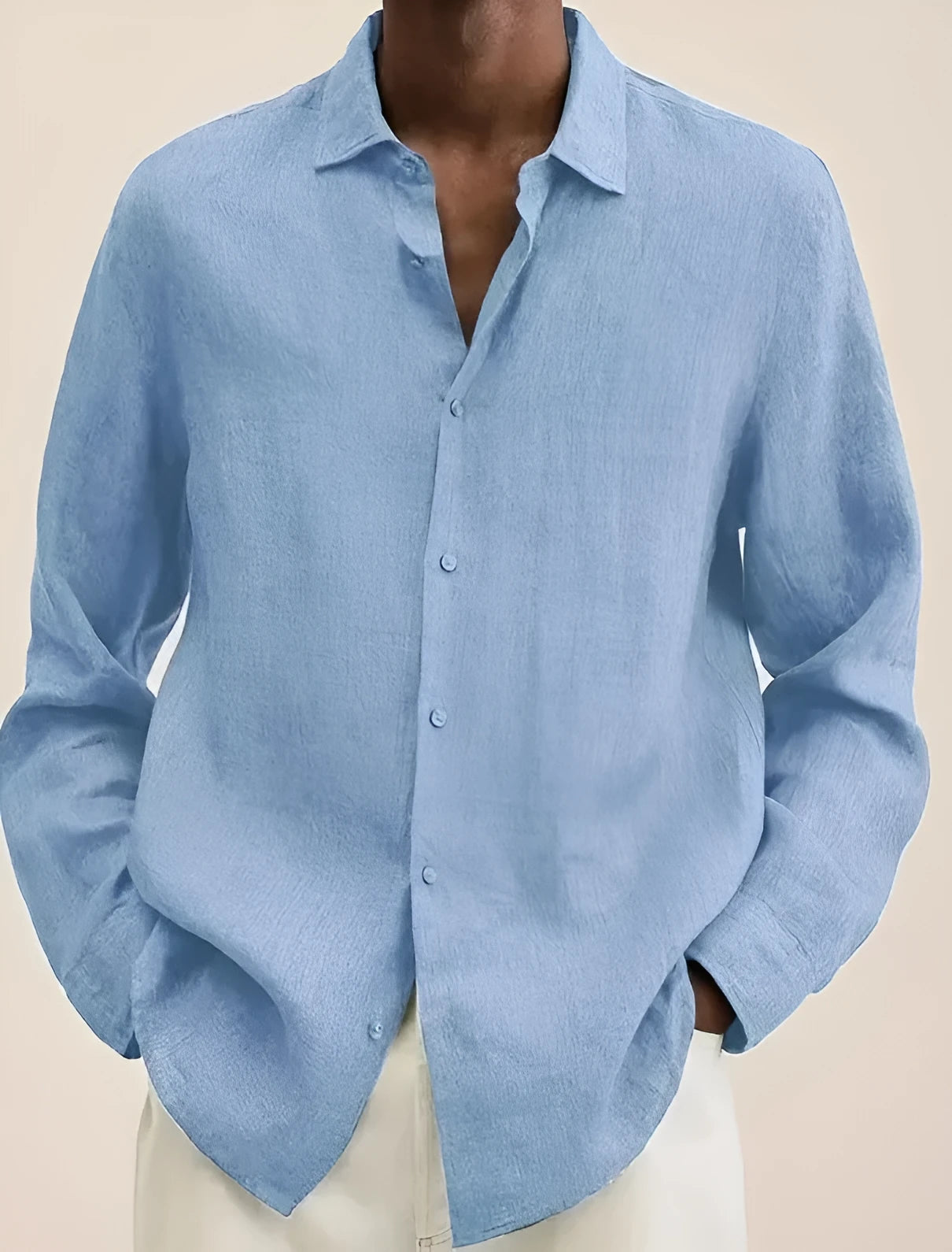 Men's blue solid colour long sleeve stand collar casual shirt front view