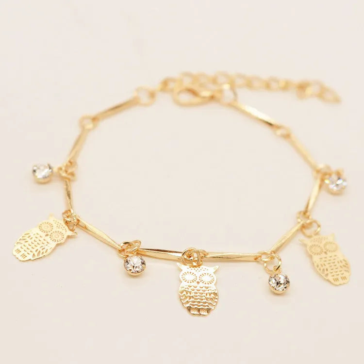 Gold alloy owl tassel bracelet with 20cm chain and 5cm extension, ethnic style jewellery
