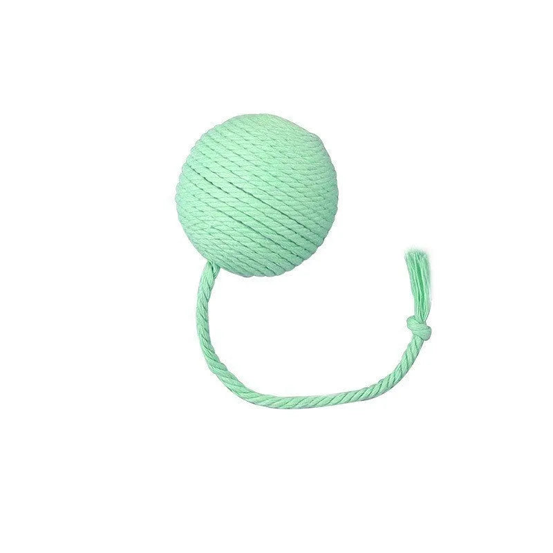 Colourful cat toy ball with rope attachment and built-in bell for interactive pet play