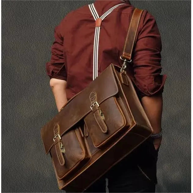 Genuine cowhide leather computer bag with crossbody strap in dark brown colour for business use