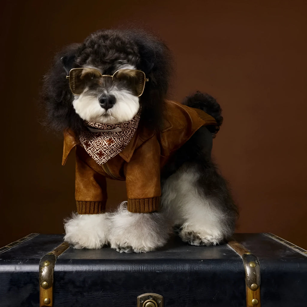 Brown PU pet leather coat with long sleeves and two-feet design for Schnauzers and Bichons, sizes XS to XXL