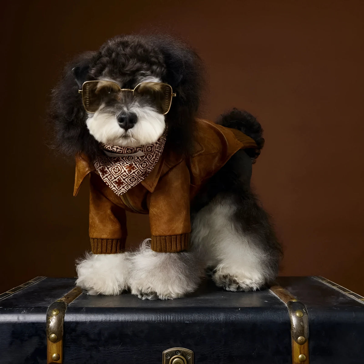 Brown PU pet leather coat with long sleeves and two-feet design for Schnauzers and Bichons, sizes XS to XXL