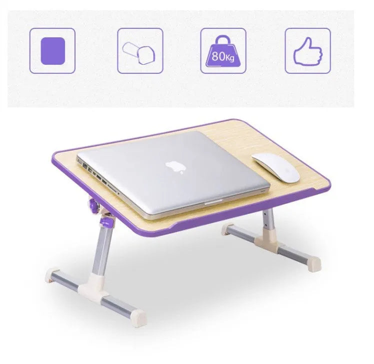 Adjustable lazy table with 520x300mm top, 220-320mm height, 0-60 degree tilt, in lilac purple, pearl black or emerald green.